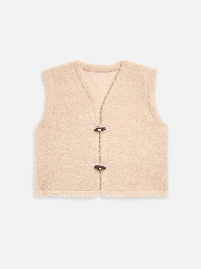 wełniana kamizelka merino bezowa almond z guzikiem merino wool vest beige 
