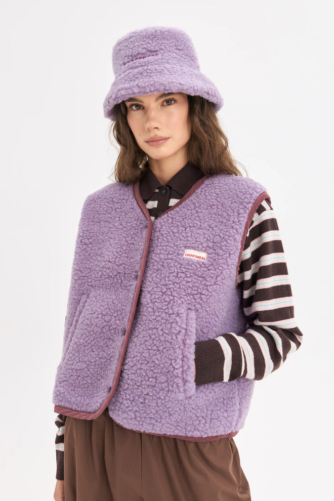 kamizelka wełniana merino unisex lilac cloud fioletowa vest gilet weste wool woll wollweste kapelusz wełniany hat 