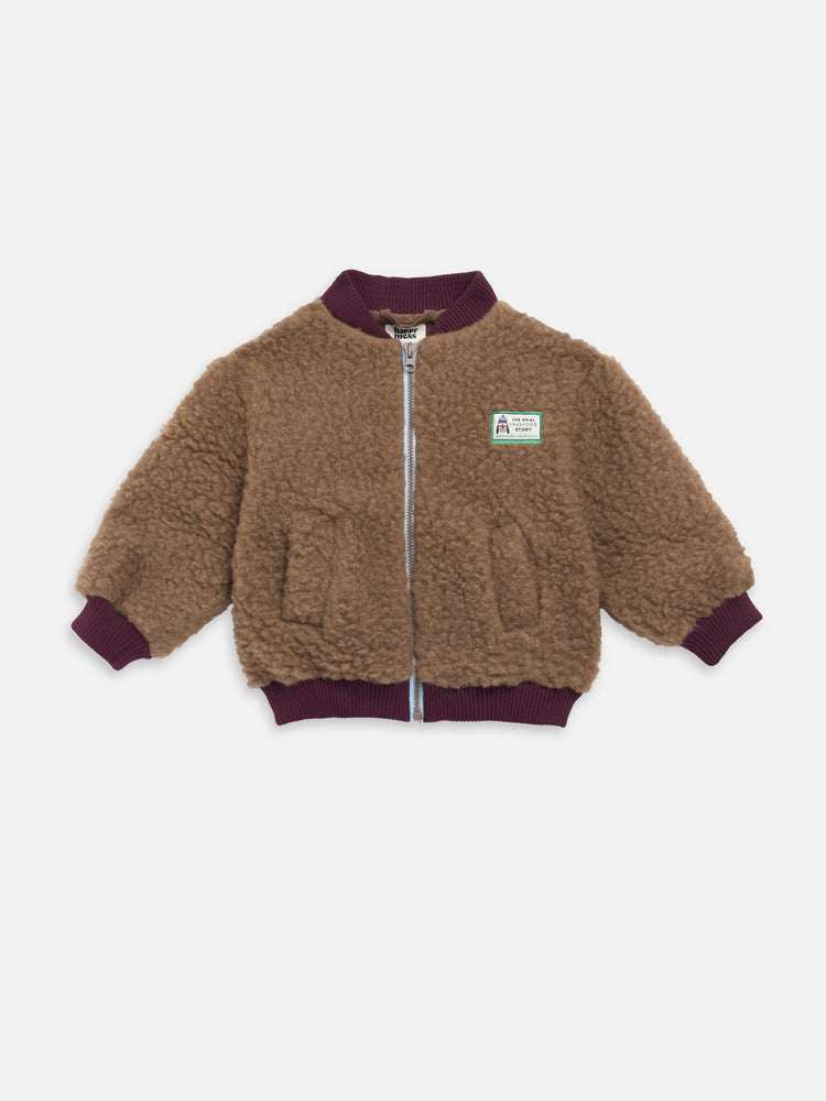 dziecięca kurtka bomberka wełniana wełna merino brązowa teddy brown merino wool children's bomber jacket 