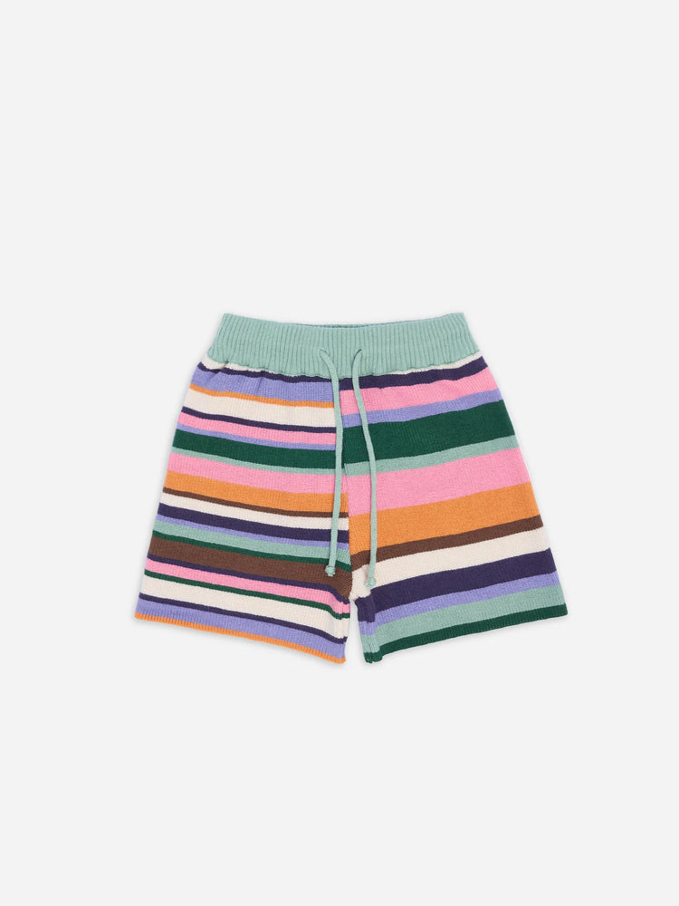 dziecięce letnie dzianinowe spodenki szorty kolorowe w paski bawełniane bawełna organiczna organic cotton crochete shorts tropical garden kindershorts bio-baumwolle