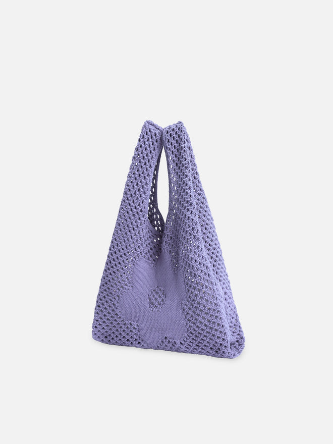 letnia dzianinowa torebka fioletowa z kwiatem bawełna organiczna organic cotton crochete bag violet flower strickhandtasche bio-baumwolle handtasche