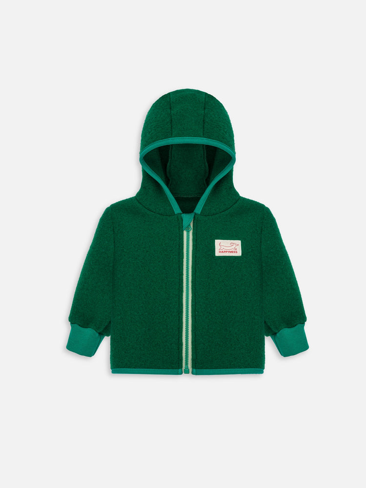 wełniana kurtka dziecięca z kapturem polar zielona forest green wełna merino wool children's jacket with hood fleece  merino wool Kinder-Wolljacke mit Kapuze Fleece  Merinowolle