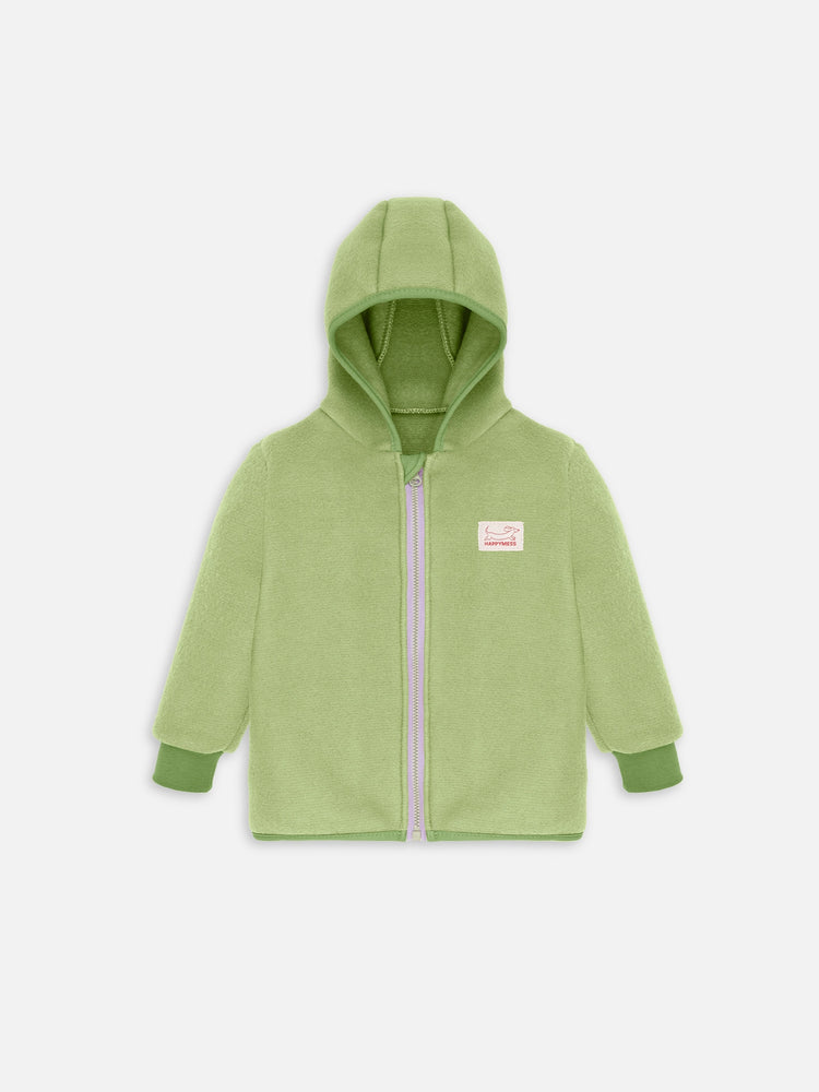 wełniana kurtka dziecięca z kapturem polar zielona green pea wełna merino wool children's jacket with hood fleece green pea merino wool Kinder-Wolljacke mit Kapuze Fleece Erbsengrün Merinowolle