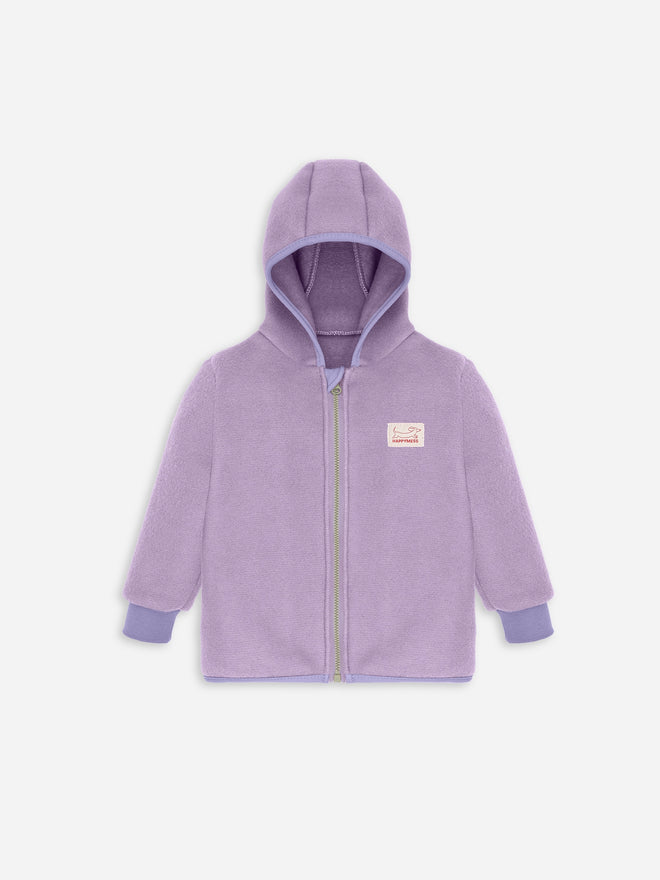 wełniana kurtka dziecięca z kapturem polar fioletowa lilac wełna merino wool children's jacket with hood fleece  merino wool Kinder-Wolljacke mit Kapuze Fleece  Merinowolle
