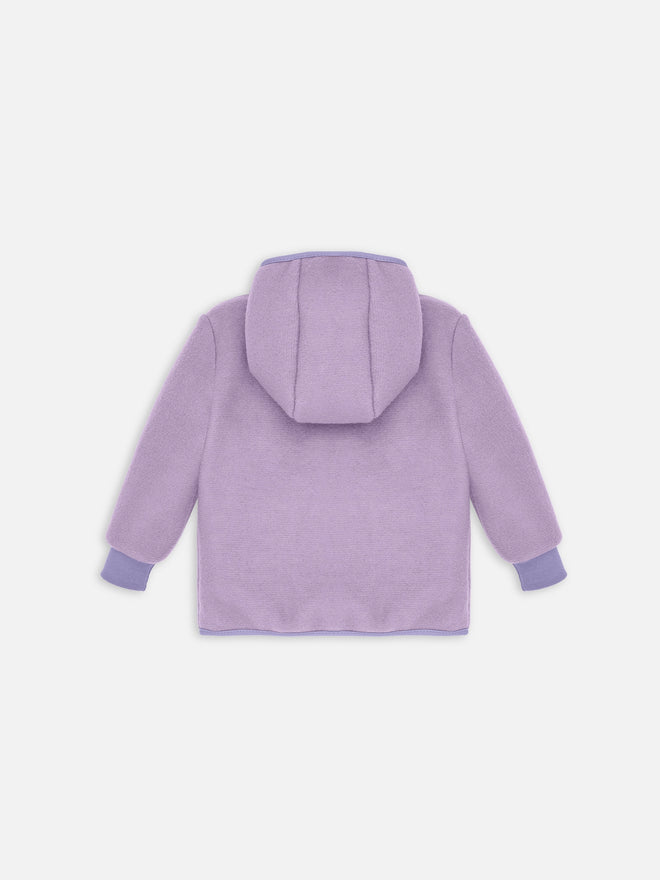 wełniana kurtka dziecięca z kapturem polar fioletowa lilac wełna merino wool children's jacket with hood fleece  merino wool Kinder-Wolljacke mit Kapuze Fleece  Merinowolle