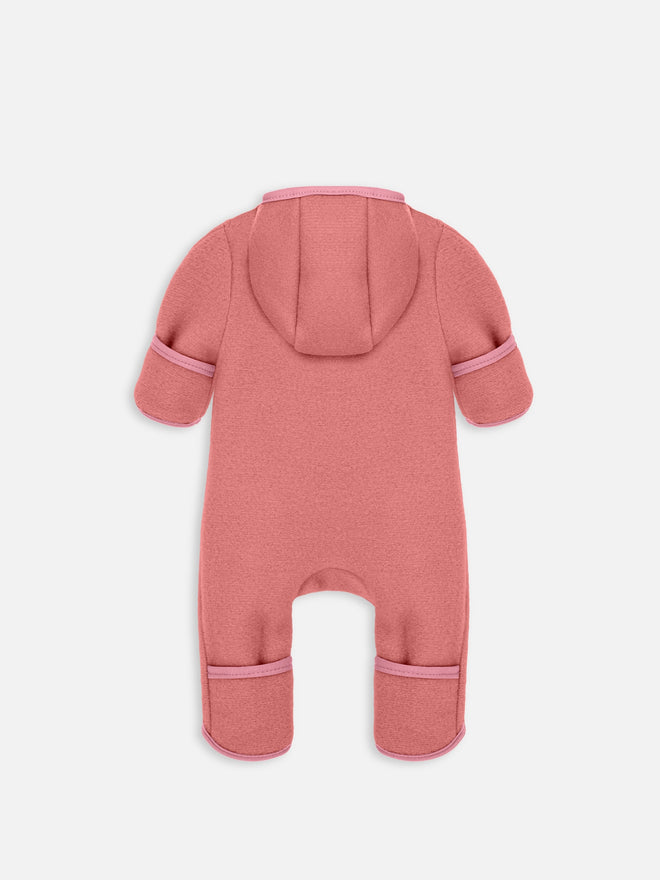 dziecięcy kombinezon wełniany z kapturem pomarańczowy cinnamon wełna merino children's wool overall with hood jumpsuit forest green merino wool Kinder-Wolloverall mit Kapuze Merinowolle polar fleece