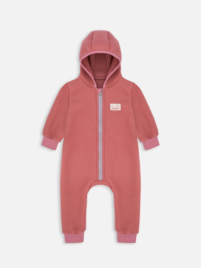 dziecięcy kombinezon wełniany z kapturem pomarańczowy cinnamon wełna merino children's wool overall with hood jumpsuit forest green merino wool Kinder-Wolloverall mit Kapuze Merinowolle polar fleece