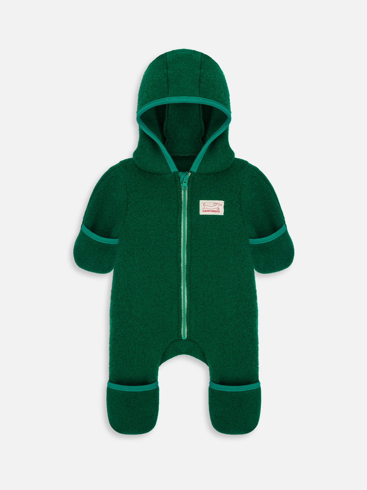 dziecięcy kombinezon wełniany z kapturem zielony wełna merino children's wool overall with hood jumpsuit forest green merino wool Kinder-Wolloverall mit Kapuze grün Merinowolle polar fleece