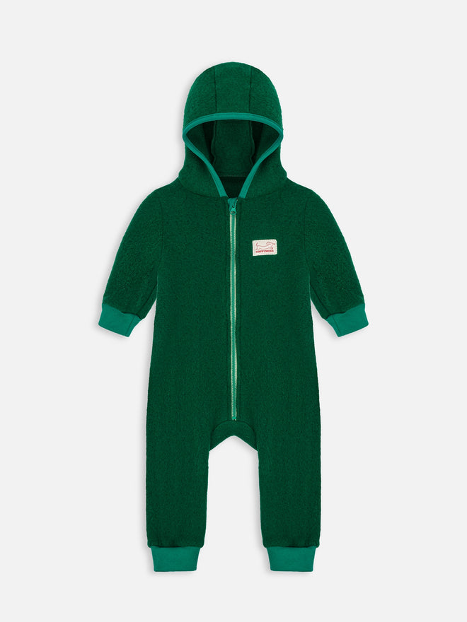 dziecięcy kombinezon wełniany z kapturem zielony wełna merino children's wool overall with hood jumpsuit forest green merino wool Kinder-Wolloverall mit Kapuze grün Merinowolle polar fleece