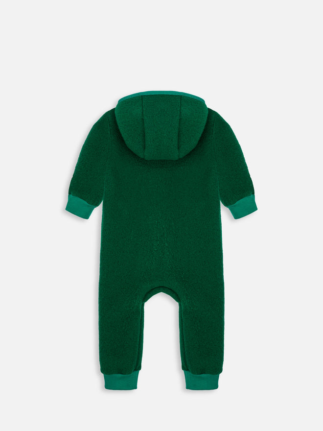dziecięcy kombinezon wełniany z kapturem zielony wełna merino children's wool overall with hood jumpsuit forest green merino wool Kinder-Wolloverall mit Kapuze grün Merinowolle polar fleece