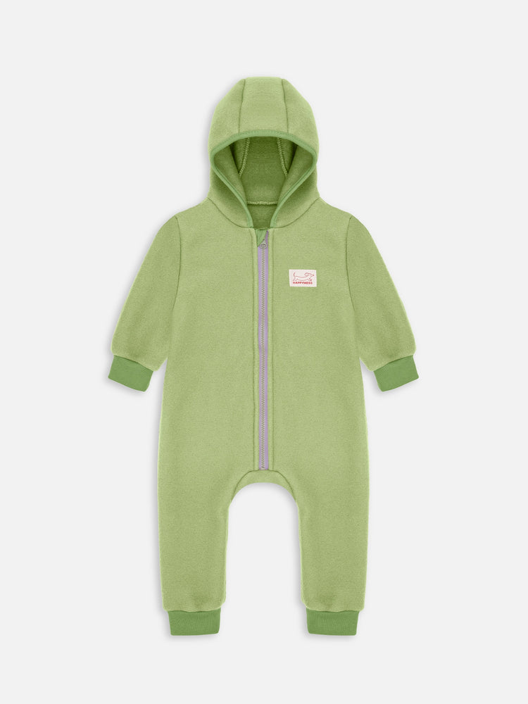 dziecięcy kombinezon wełniany z kapturem zielony wełna merino children's wool overall with hood green merino wool jumpsuit Kinder-Wolloverall mit Kapuze grün Merinowolle polar fleece
