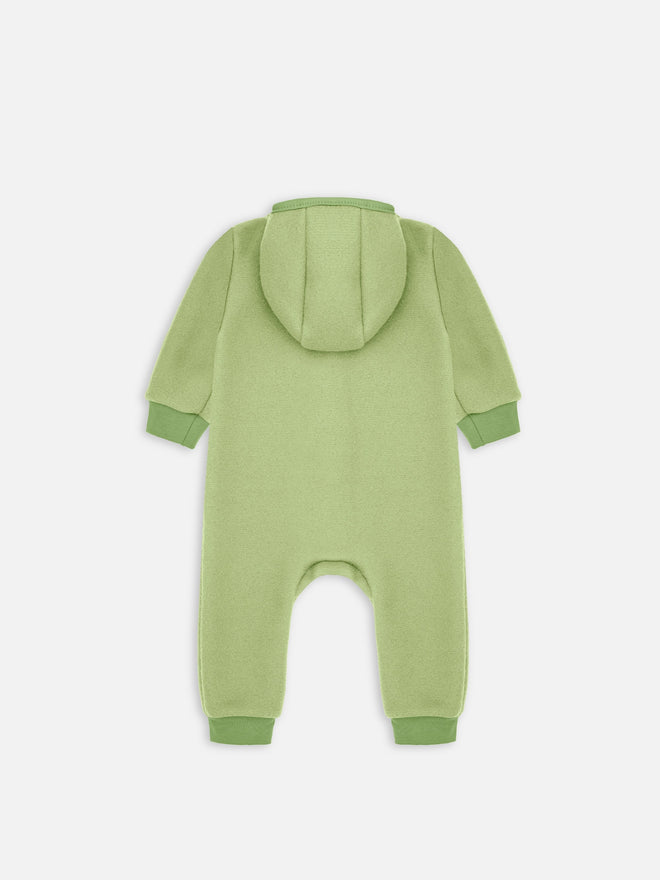 dziecięcy kombinezon wełniany z kapturem zielony wełna merino children's wool overall with hood green merino wool jumpsuit Kinder-Wolloverall mit Kapuze grün Merinowolle polar fleece