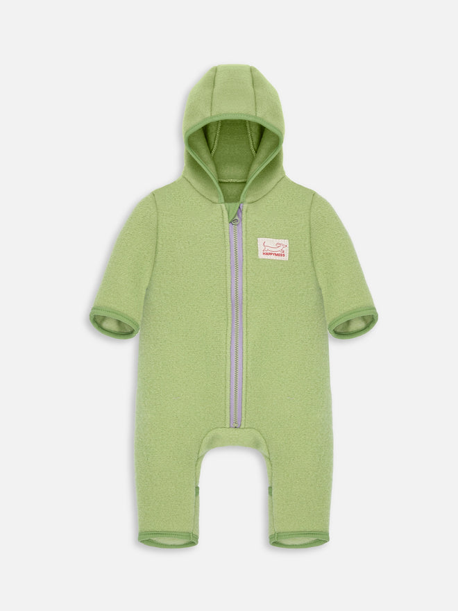 dziecięcy kombinezon wełniany z kapturem zielony wełna merino children's wool overall with hood green merino wool jumpsuit Kinder-Wolloverall mit Kapuze grün Merinowolle polar fleece