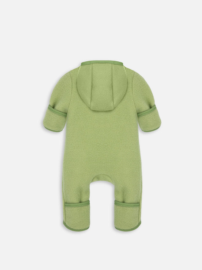 dziecięcy kombinezon wełniany z kapturem zielony wełna merino children's wool overall with hood green merino wool jumpsuit Kinder-Wolloverall mit Kapuze grün Merinowolle polar fleece