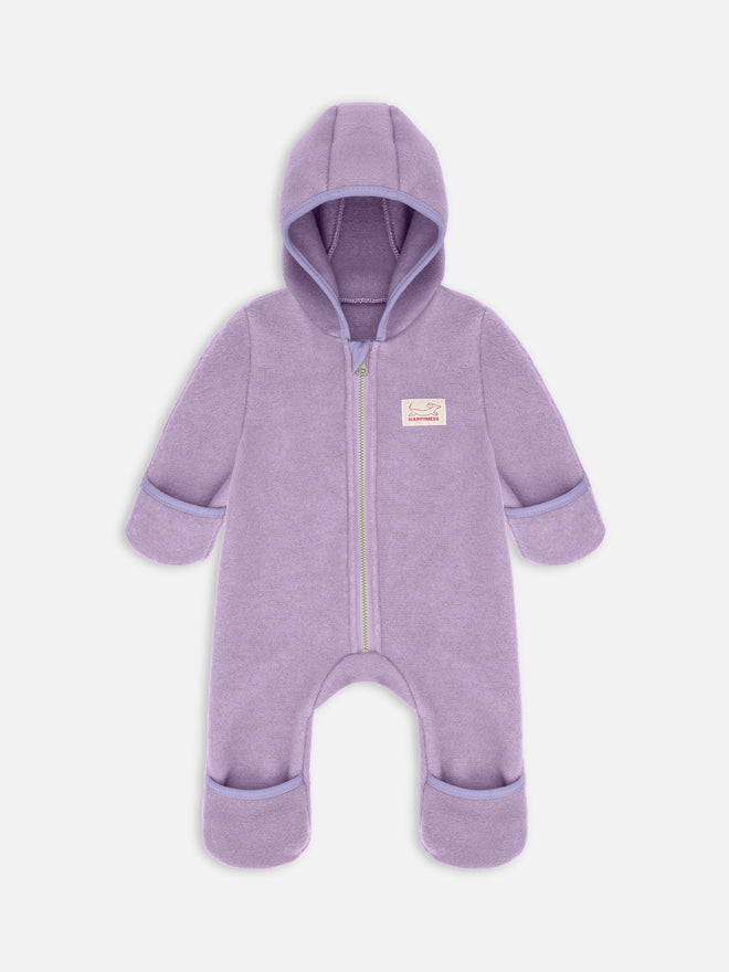 dziecięcy kombinezon wełniany z kapturem fioletowy lilac wełna merino children's wool overall with hood jumpsuit merino wool Kinder-Wolloverall mit Kapuze Merinowolle polar fleece