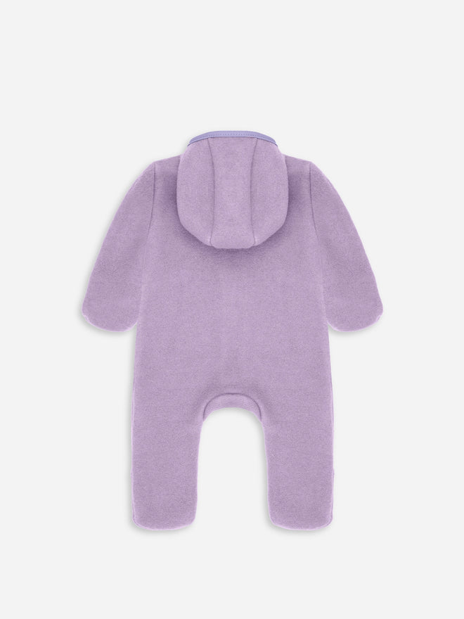 dziecięcy kombinezon wełniany z kapturem fioletowy lilac wełna merino children's wool overall with hood jumpsuit merino wool Kinder-Wolloverall mit Kapuze Merinowolle polar fleece