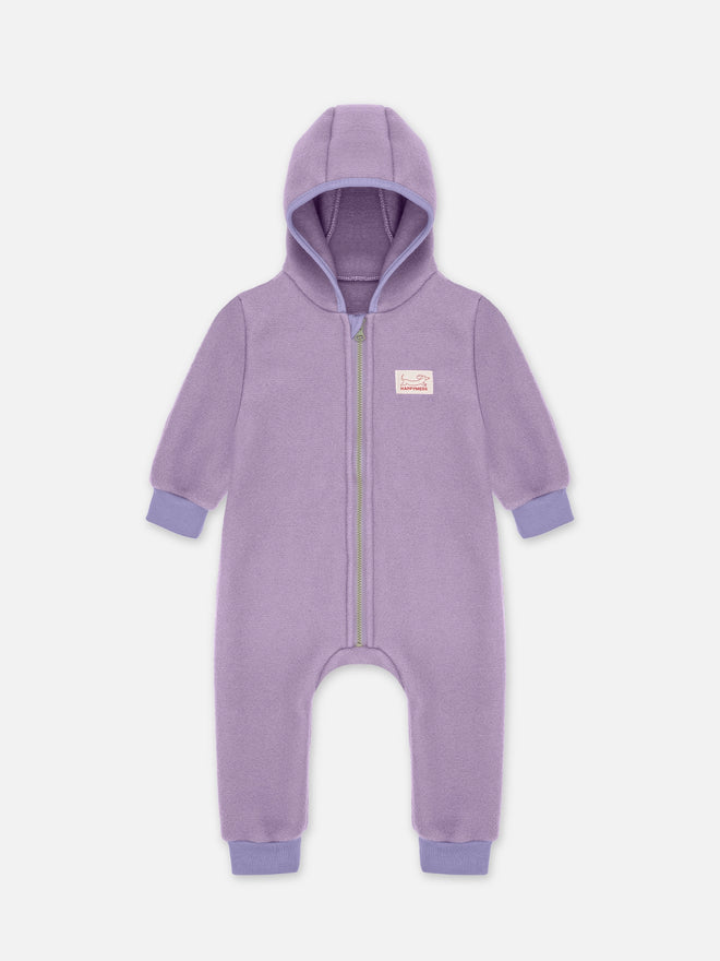 dziecięcy kombinezon wełniany z kapturem fioletowy lilac wełna merino children's wool overall with hood jumpsuit merino wool Kinder-Wolloverall mit Kapuze Merinowolle polar fleece