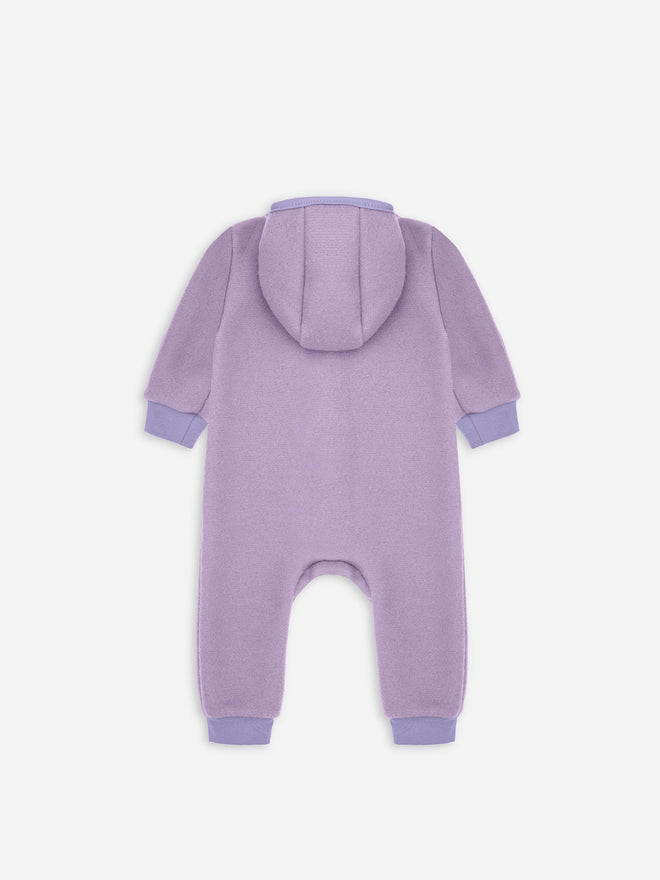 dziecięcy kombinezon wełniany z kapturem fioletowy lilac wełna merino children's wool overall with hood jumpsuit merino wool Kinder-Wolloverall mit Kapuze Merinowolle polar fleece