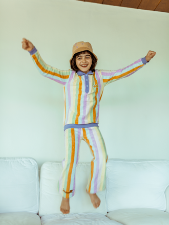 bawełniana bluza frotowa dziecięca w paski jamnik sunset stripes organic cotton  outfit set zestaw kapelusz