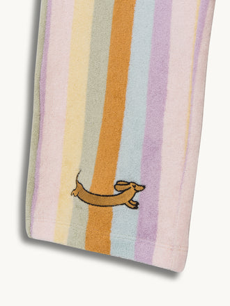 bawełniane frotowe spodnie dziecięce w paski synset stripes bawełna organiczna detal jamnik naszywka