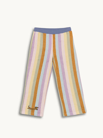 bawełniane frotowe spodnie dziecięce w paski synset stripes bawełna organiczna przód jamnik naszywka