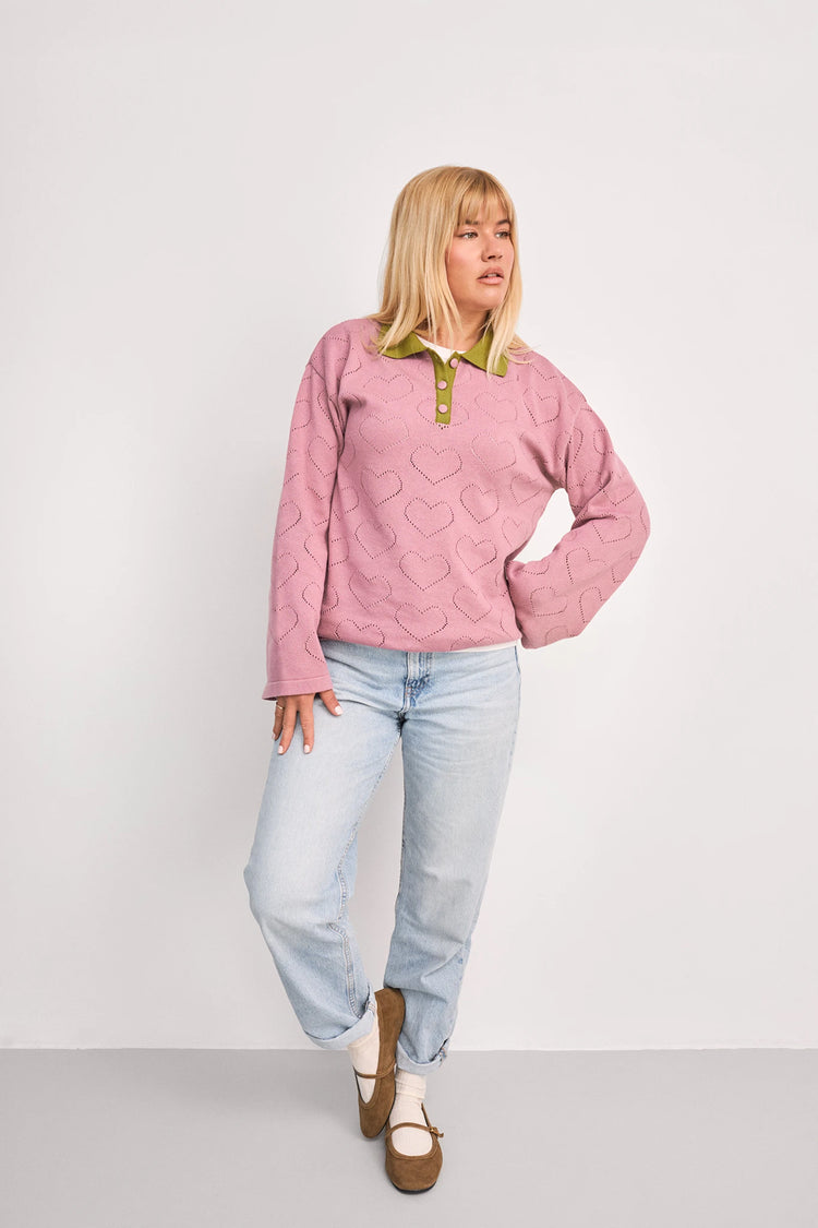 bawełniany sweter damski blush hearts kontrastowy kołnierz organic cotton organic cotton sweater
