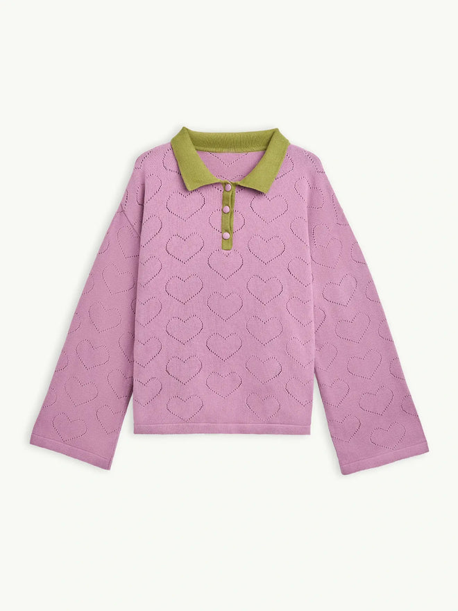 bawełniany sweter damski blush hearts kontrastowy kołnierz organic cotton outfit przód
