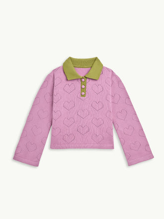 bawełniany sweter dziecięcy blush hearts kontrastowy kołnierz przód