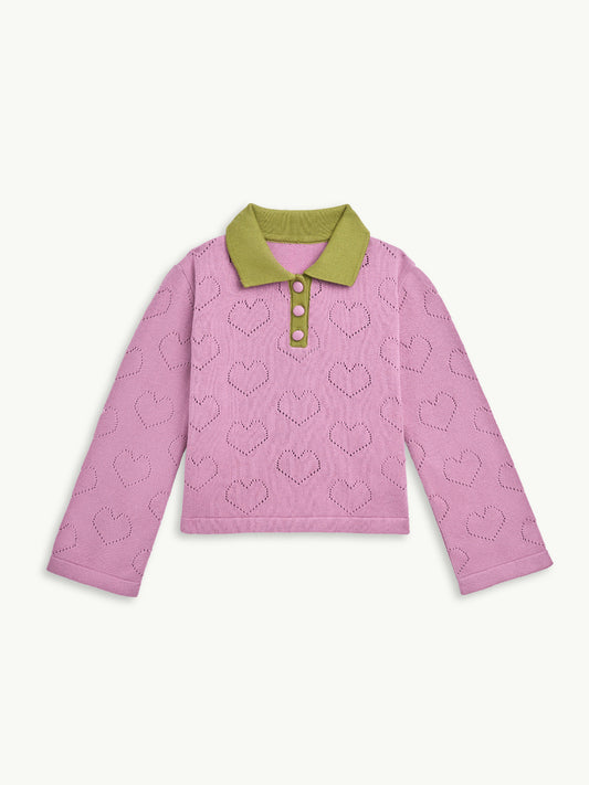 bawełniany sweter dziecięcy blush hearts kontrastowy kołnierz przód