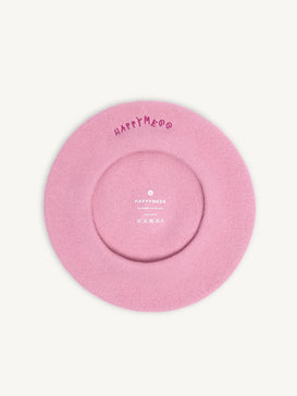 wełniany beret damski haft różowy pink hearts wełna wełniany wool hat dół środek dziecięcy