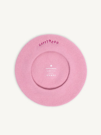 wełniany beret damski haft różowy pink hearts wełna wełniany wool hat dół środek dziecięcy