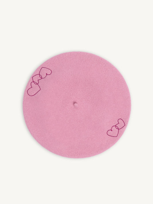 wełniany beret damski haft różowy pink hearts wełna wełniany wool hat góra dziecięcy