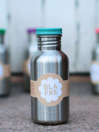 bidon stalowy niebieski steel water bottle blue etykieta