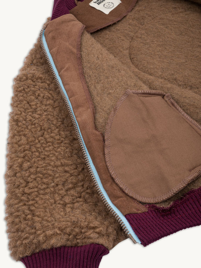 kurtka dziecięca bomberka wełniana merino teddy brown brązowa detal kieszeń wnętrze