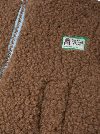 kurtka dziecięca bomberka wełniana merino teddy brown brązowa przód detal logo kieszeń 