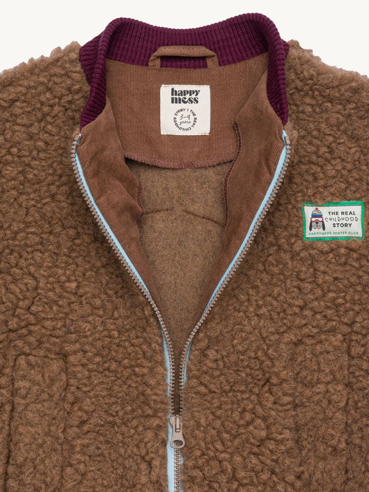 kurtka dziecięca bomberka wełniana merino teddy brown brązowa przód detal logo