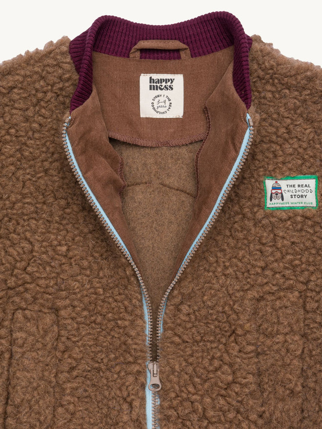 kurtka dziecięca bomberka wełniana merino teddy brown brązowa przód detal logo