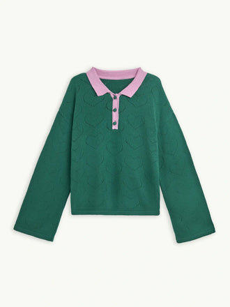 sweter damski bawełniany emerald hearts kontrastowy kołnierz bawełna organiczna przód