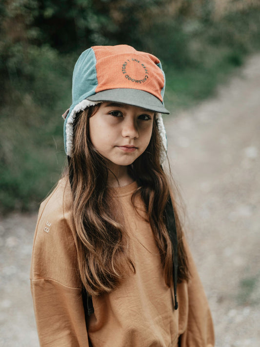 dziecięca czapka uszatka sztruksowa sztruks plusz bawełna organiczna cinnamon tea organic cotton plush cap dziecko dziewczynka