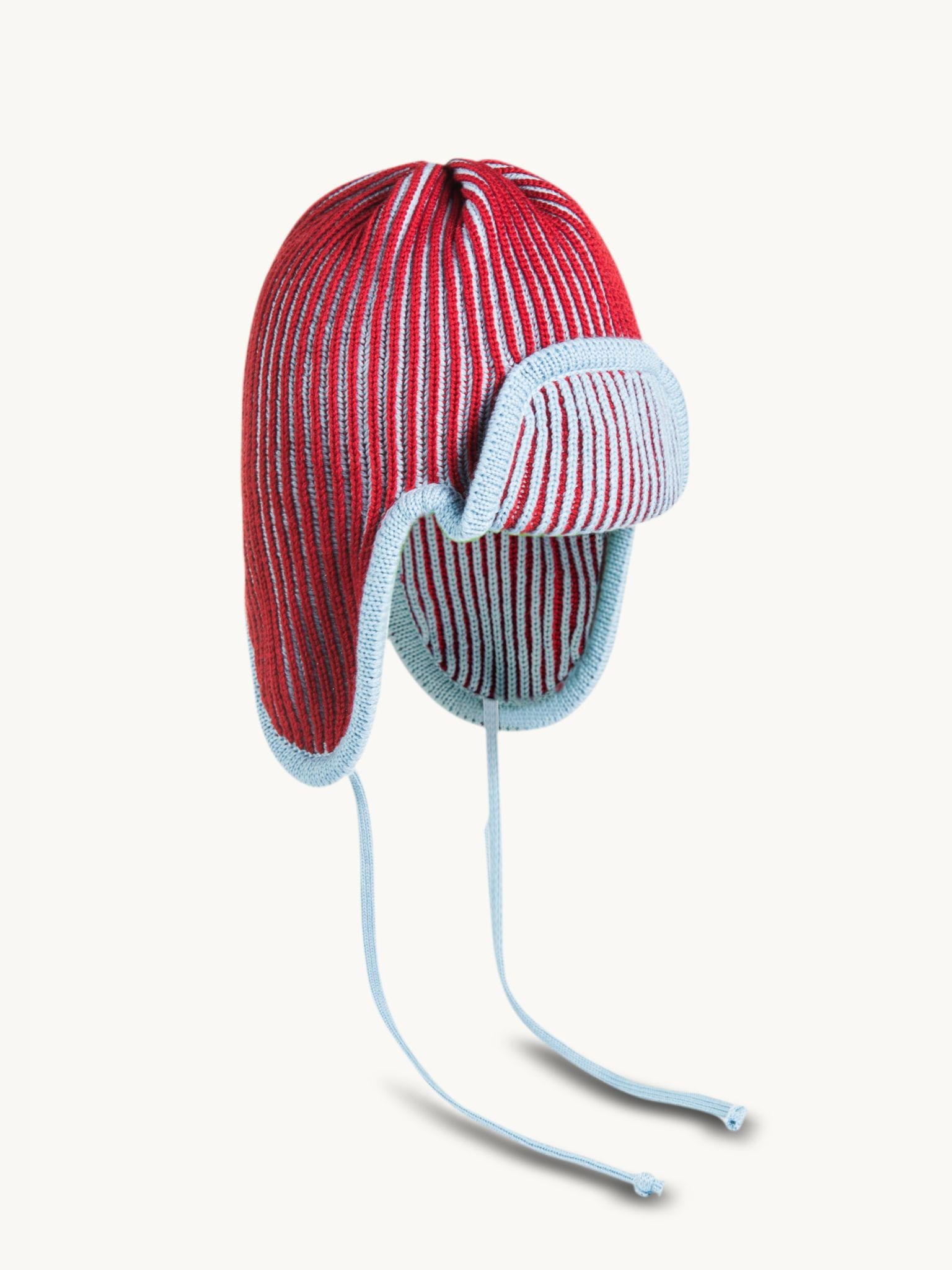 dziecięca czapka pilotka wełniana merino czerwono niebieska merino wool hat polar bear bok