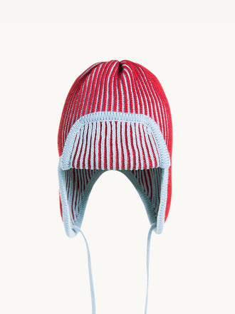 dziecięca czapka pilotka wełniana merino czerwono niebieska merino wool hat polar bear przód detal