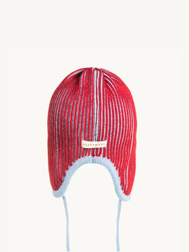 dziecięca czapka pilotka wełniana merino czerwono niebieska merino wool hat polar bear tył detal