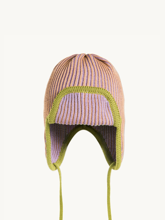 dziecięca czapka pilotka wełniana  merino wool hat purple pine fioletowo beżowo przód detal