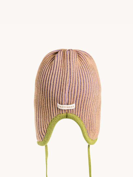 dziecięca czapka pilotka wełniana  merino wool hat purple pine fioletowo beżowo tył detal