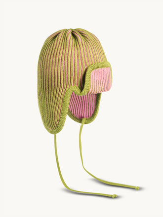 dziecięca czapka pilotka wełniana merino pink pine różowo zielona wool cap