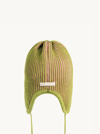 dziecięca czapka pilotka wełniana merino pink pine różowo zielona wool cap detal tył