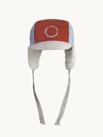 dziecięca bawełniana czapka uszatka róż niebieska arctic cherry cotton hat  sztruksowa sztruks plusz przód