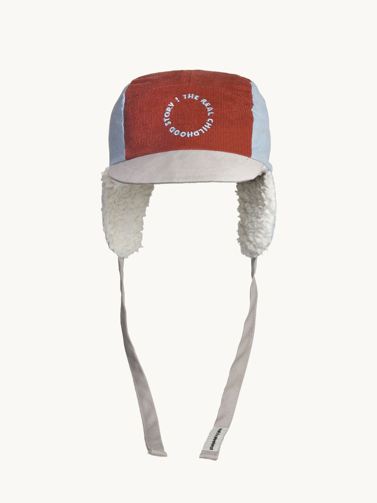 dziecięca bawełniana czapka uszatka róż niebieska arctic cherry cotton hat  sztruksowa sztruks plusz przód