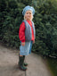 [pl][Modelka ma 110 cm wzrostu i nosi rozmiar 3-4 lata] [en][The model is 110 cm tall and wears size 3-4 years] [de][Das Model ist 110 cm groß und trägt Größe 3-4 Jahre] dziecięca wełniana kamizelka merino niebieska szara baltic  wool vest gilet slevless