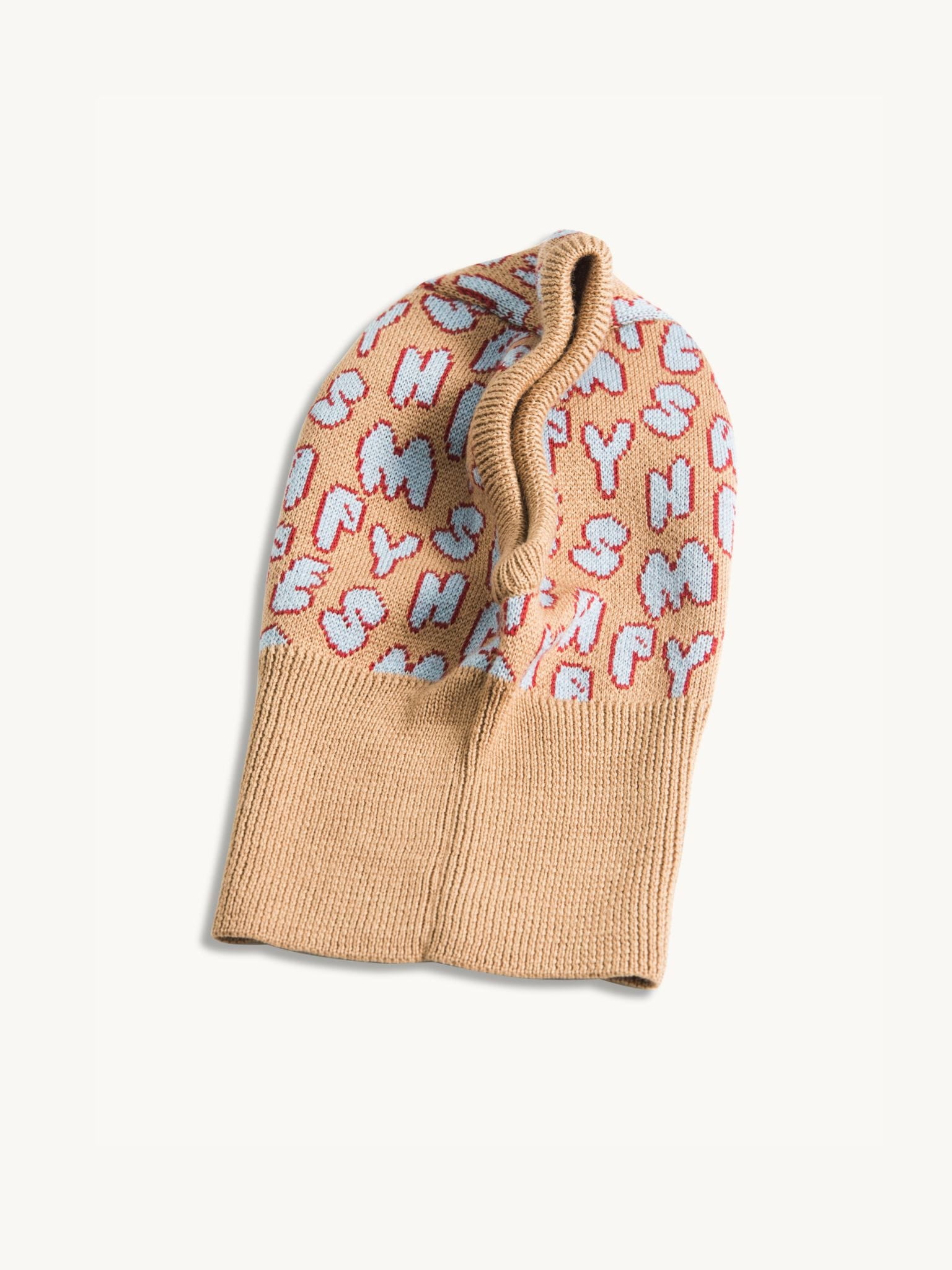 dziecięca kominiarka komin merino wełniany brązowy beżowy letters litery  wool balaclava 